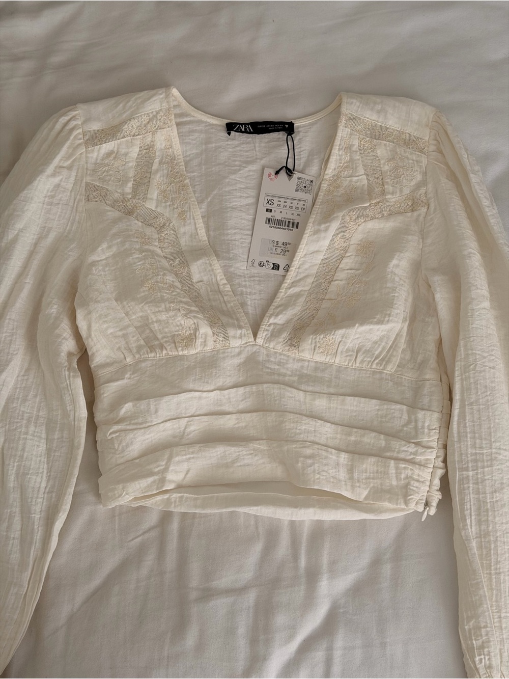 Zara Ivory V-Neck Lace-Trim Cropped Blouse